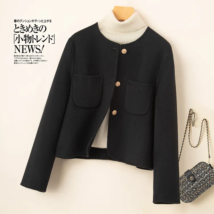 秋冬新款双面羊毛大衣女小个子短款圆领修身百搭修身羊绒毛呢外套