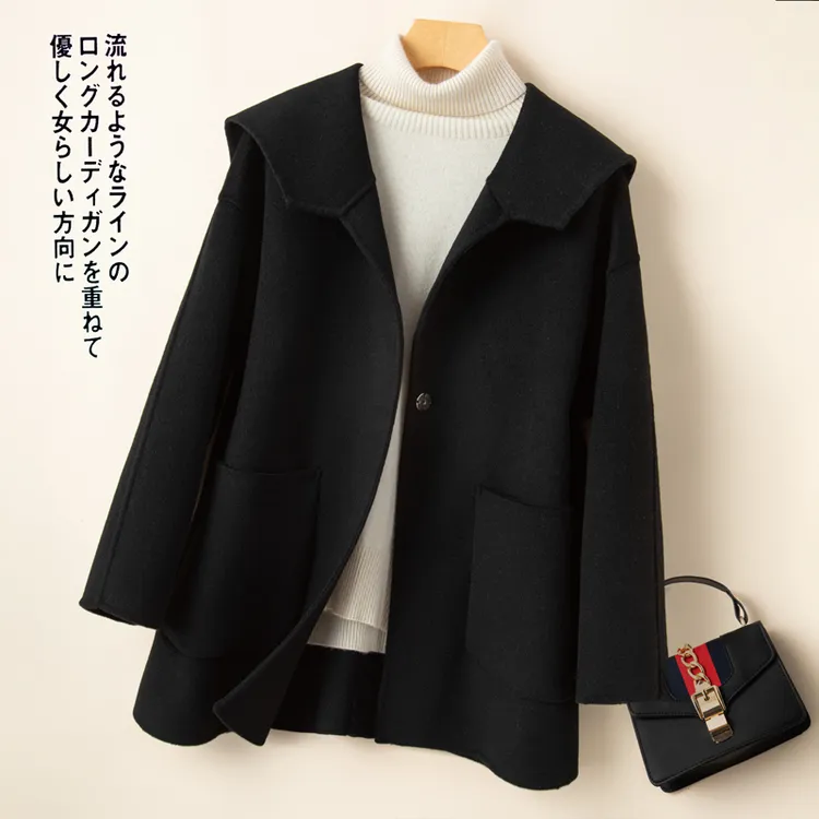 赫本风新款双面羊毛大衣女海军领宽松大码小个子百搭羊毛呢子外套