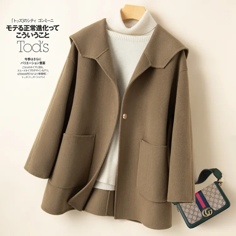 新款秋冬双面羊毛大衣女宽松大码海军领暗扣小个子百搭羊毛呢外套