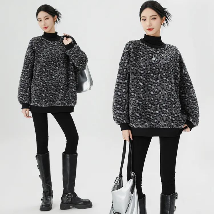 美式时尚复古豹纹卫衣女2024秋冬设计撞色休闲百搭半高领套头上衣