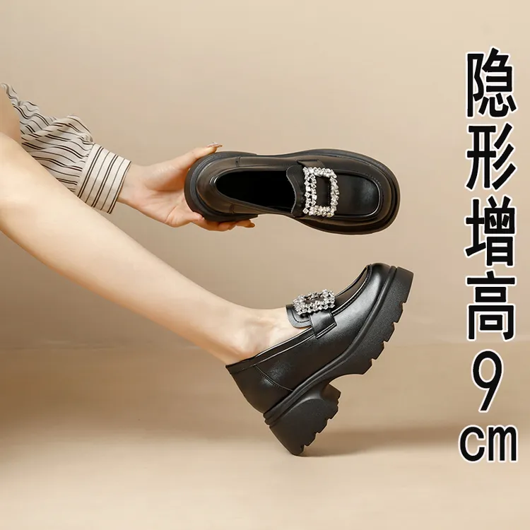 芸熙家2024新款内增高小皮鞋女圆头水钻厚底粗跟一脚蹬乐福鞋单鞋