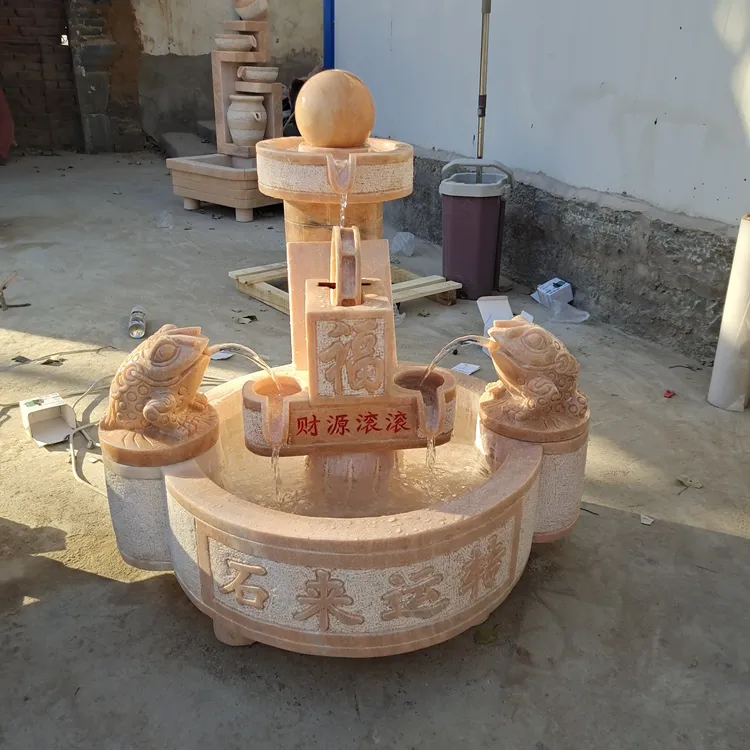 石雕流水摆件循环水晚霞红材质庭院摆件风水摆件流水生财摆件