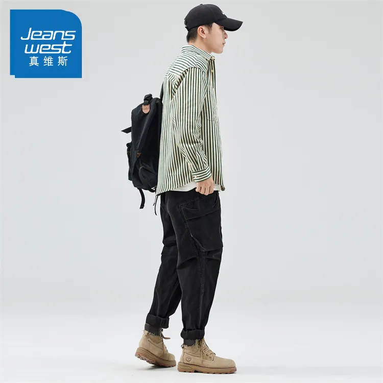 真维斯工装长袖衬衫休闲套装男春秋季潮牌衬衣长裤帅气穿搭配一整