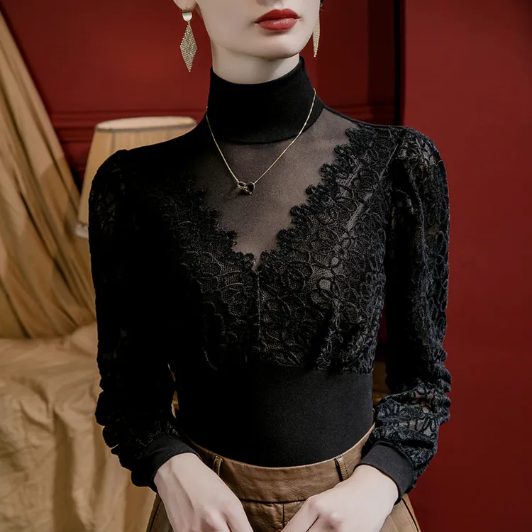 2025春秋新款立领网纱拼接蕾丝小衫女灯笼袖洋气气质长袖打底上衣