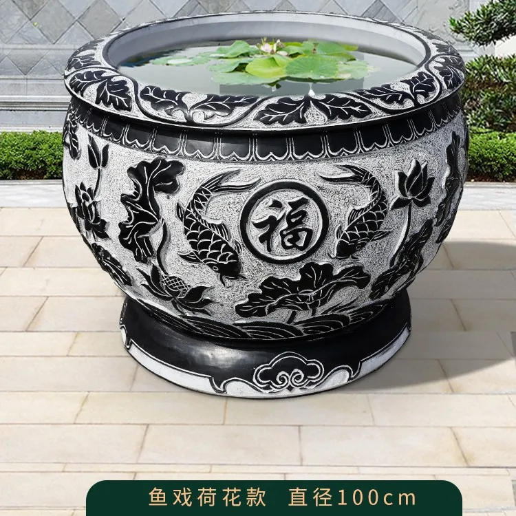 石雕鱼缸花盆庭院摆件天然青石仿古花园养鱼圆缸摆件耐用石头水缸
