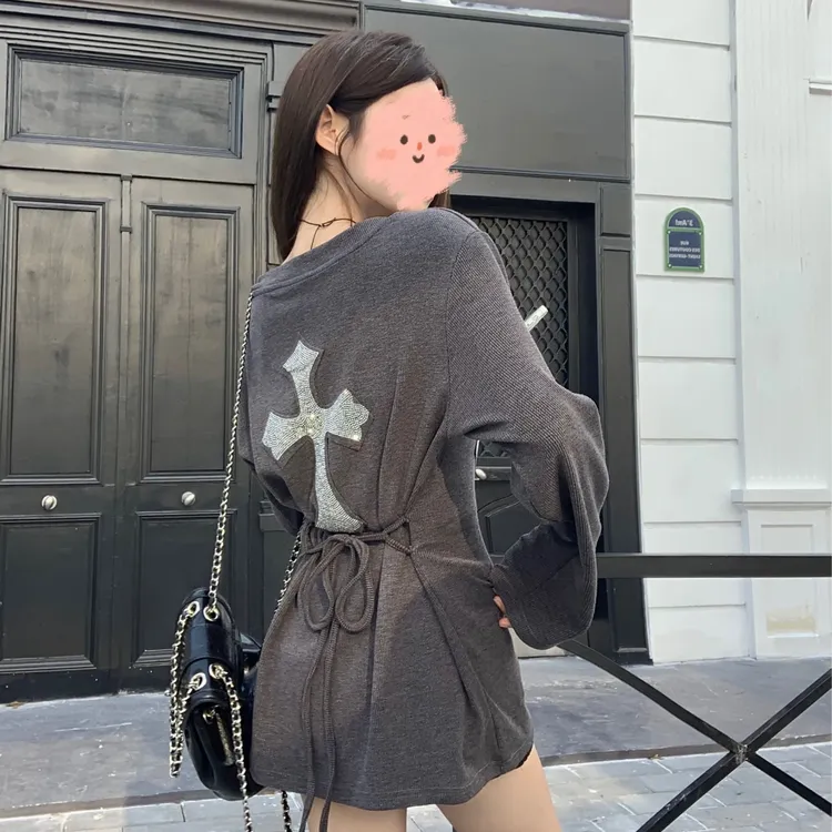 辣妹风十字架气质针织连衣裙女秋冬季设计感系带长袖收腰包臀短裙