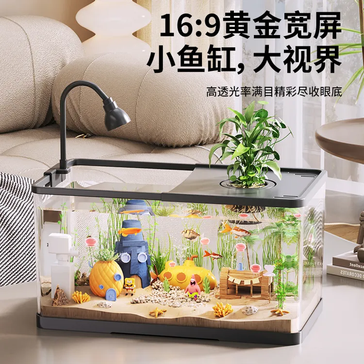 阔庭客厅卧室一体式增氧过滤水族箱小型网兜水培植物金鱼水草缸
