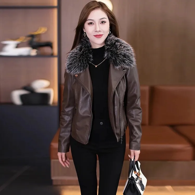 加绒加厚皮衣外套女时尚修身显瘦冬季百搭女士短款外衣带毛领