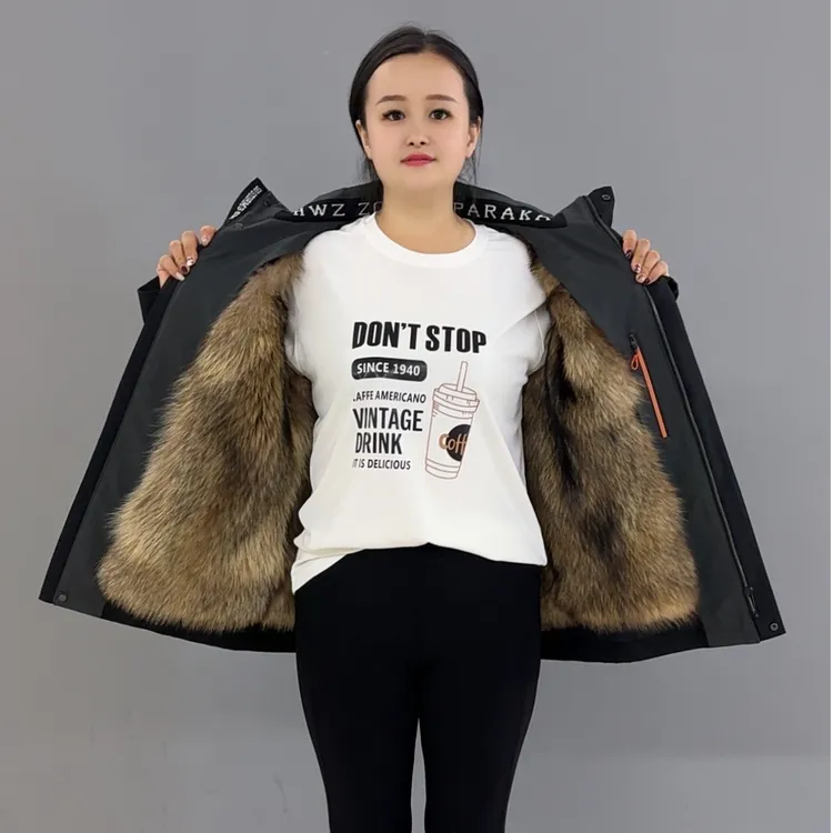 LF{美洲貉内胆}男士皮毛一体冬季可脱卸帽保暖加毛加厚派克服棉衣