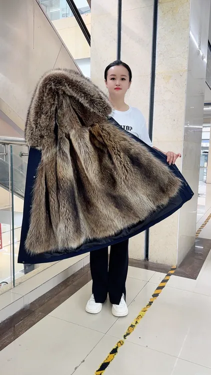 XB{北美小浣熊毛袖}男士皮草冬季保暖皮毛一体加毛加厚派克服貉皮