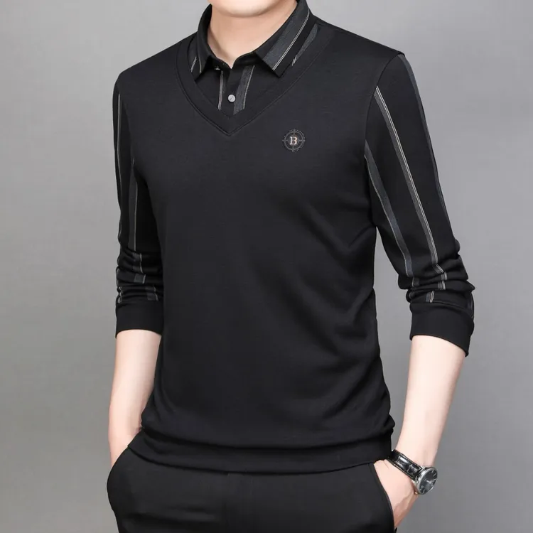 2023秋冬新款#7661【高品质】加厚假两件男士长袖商务休闲打底衫