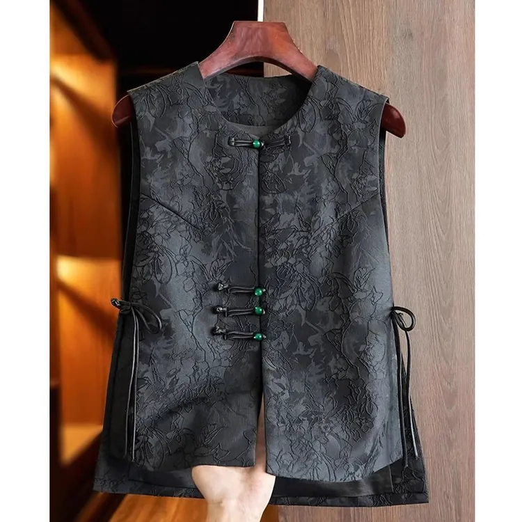 新中式2024早秋新款立领无袖复古国风提花马夹黑色上衣7820