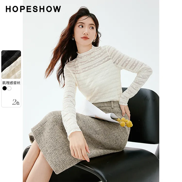 红袖秋季2025新款女装 镂空蕾丝正肩立领套头上衣90123300202