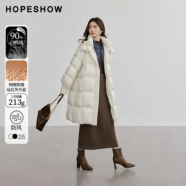 红袖冬季2024新款女装 插肩灯笼袖拉链立领连帽羽绒90124360901