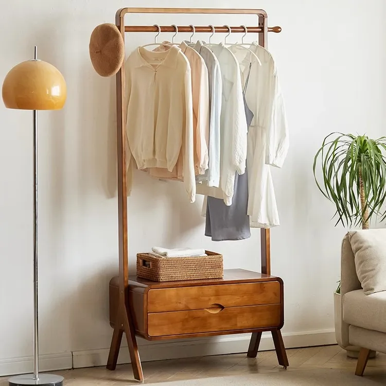 实木家用挂衣架落地卧室衣帽架房间挂衣服架子原木立式衣架带抽屉
