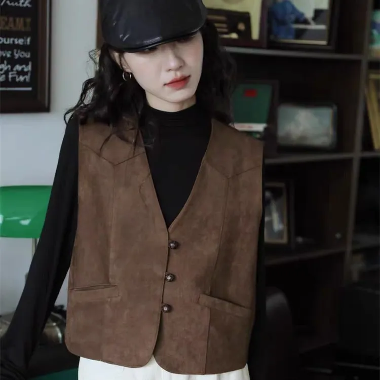 复古叠穿马甲背心女春秋2024新款V领百搭休闲美拉德短款马夹外套