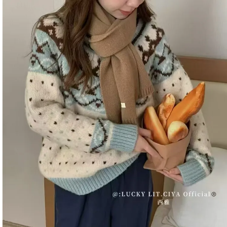 费尔岛秋冬新款复古提花宽松套头针织毛衣上衣女