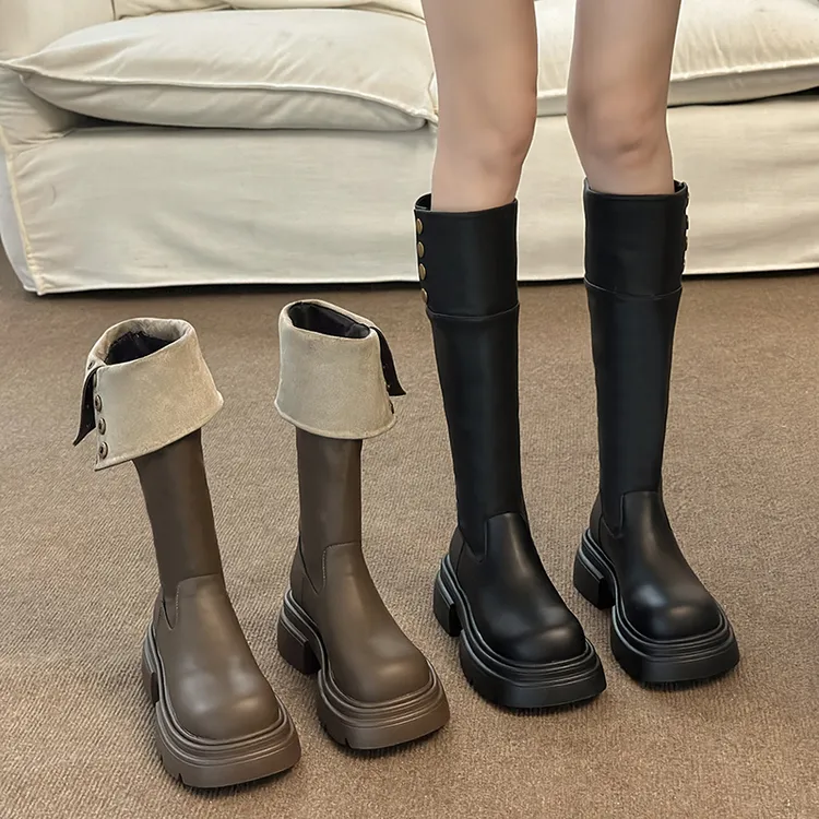 厚底骑士靴复古长筒靴2024新秋冬款小个子增高两穿中筒靴瘦瘦靴潮
