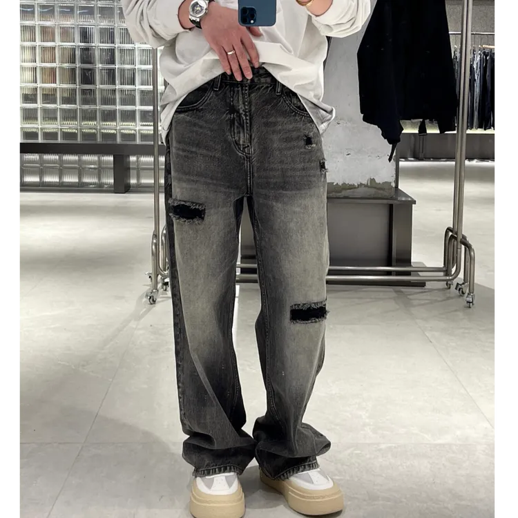 创恒（卑劣街头）秋季新款时尚潮流直筒微阔破洞贴布美式牛仔裤