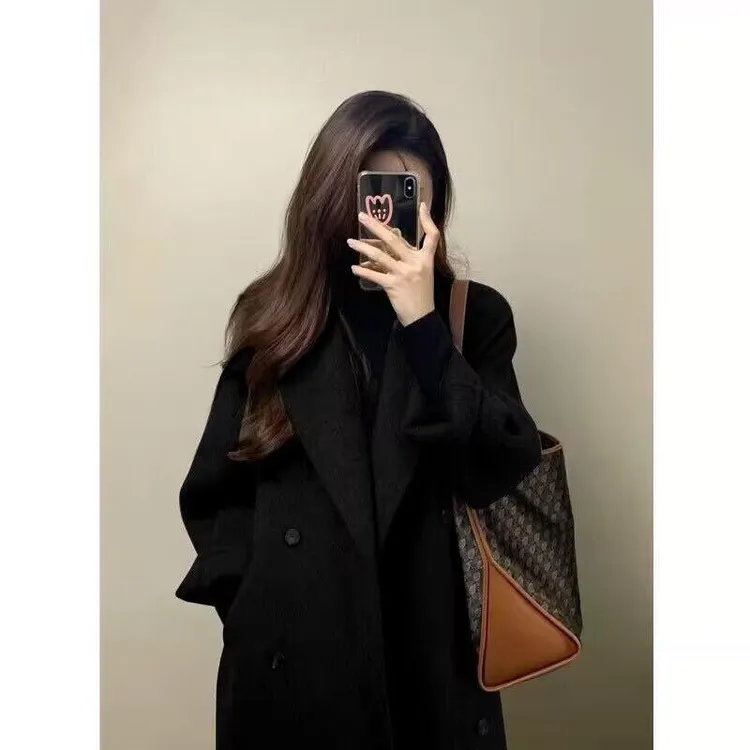 黑色羊毛呢子大衣女中长款冬季新款韩系高级感小个子双面羊绒外套