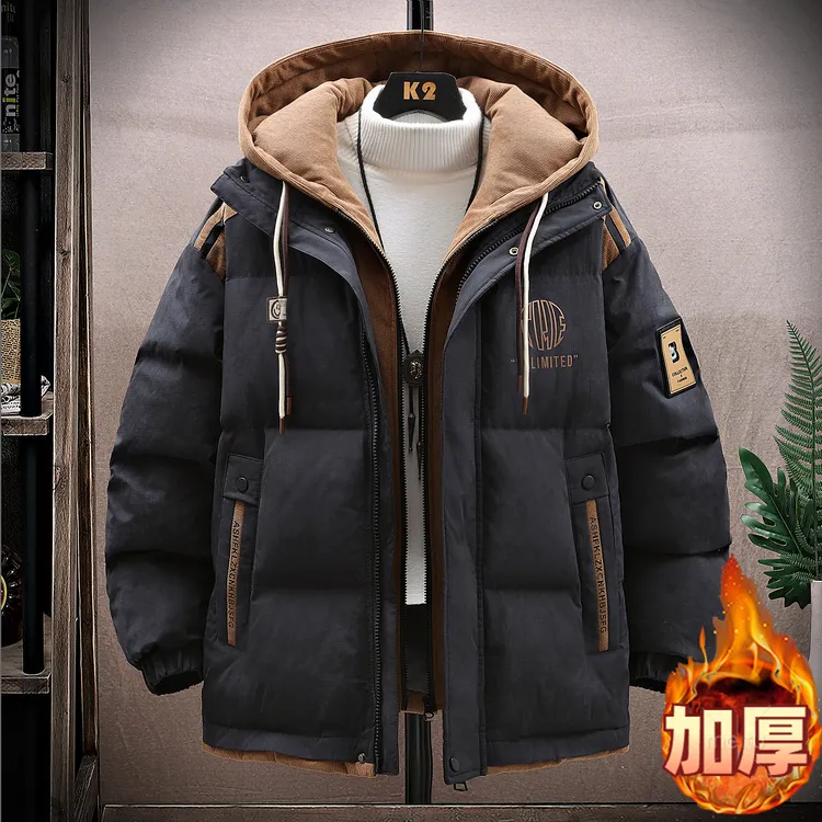 青少年羽绒服男款冬季假两件外套加厚防寒服学生港风工装痞帅男装