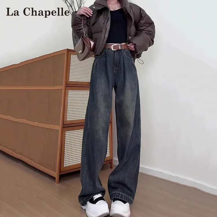 拉夏贝尔水泥灰加绒牛仔裤女秋冬2025高腰显瘦宽松阔腿裤初冬穿搭
