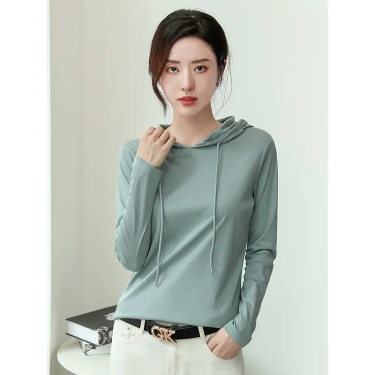 丝光棉连帽卫衣T恤女2023秋装新款纯棉百搭轻奢薄款时尚打底衫