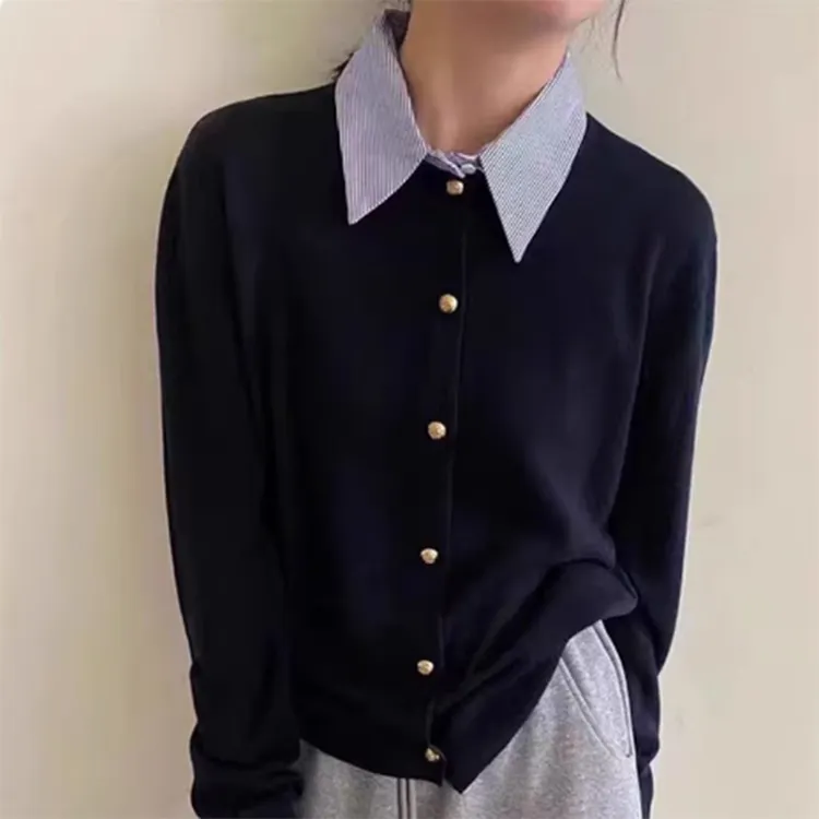 拼接条纹衬衫领毛衣时尚百搭假两件上衣女气质翻领羊毛衫针织毛衣