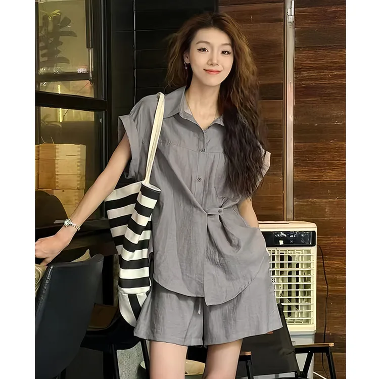 时尚洋气质休闲套装女夏季新款宽松衬衫亚麻衬衣+短裤两件套装女