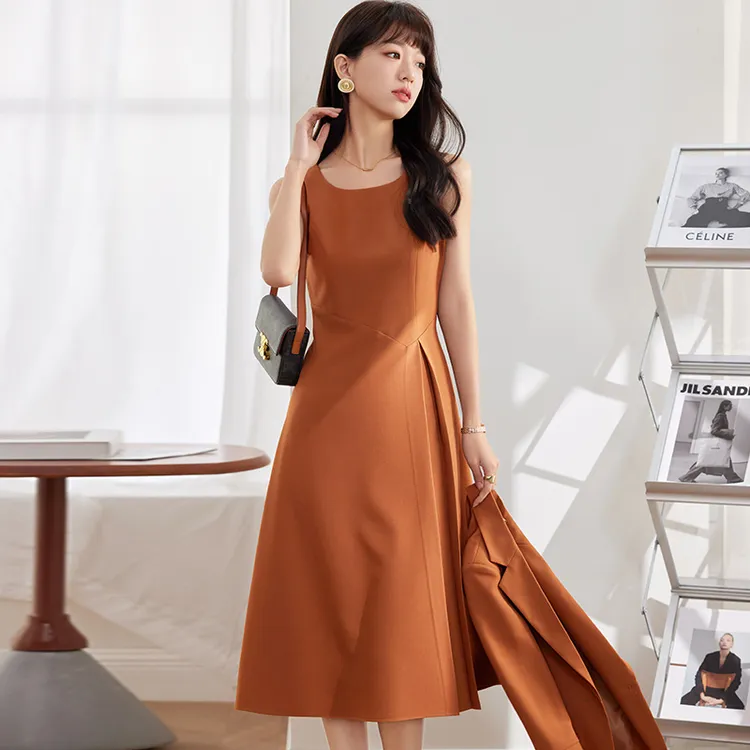 无袖连衣裙女夏季2024新款高级感气质收腰中长裙背心裙职业大摆裙