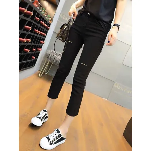 夏季外穿休闲裤女破洞九分高腰黑色裤子小个子女士八分直筒打底裤