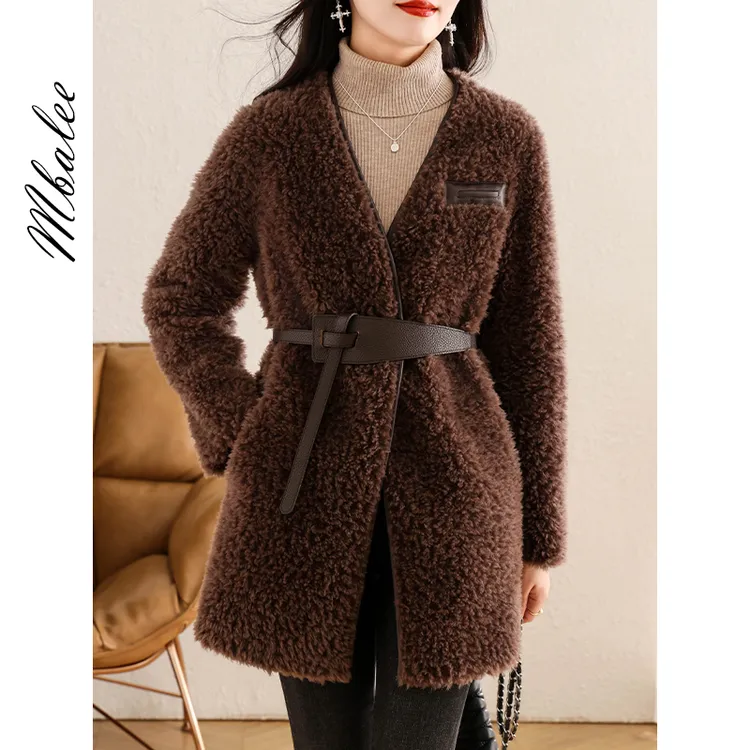 海宁羊剪绒羊羔毛外套女v领颗粒中长款2025新款冬季毛毛大衣外套