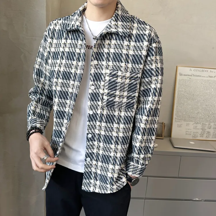 小香风格子夹克男2024新款春秋季韩版帅气百搭衬衫外套休闲上衣服