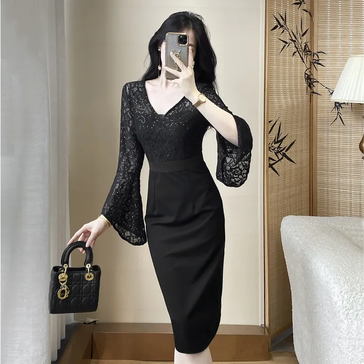 高级感轻奢礼服时尚蕾丝拼接连衣裙法式修身名媛黑色裙子包臀裙