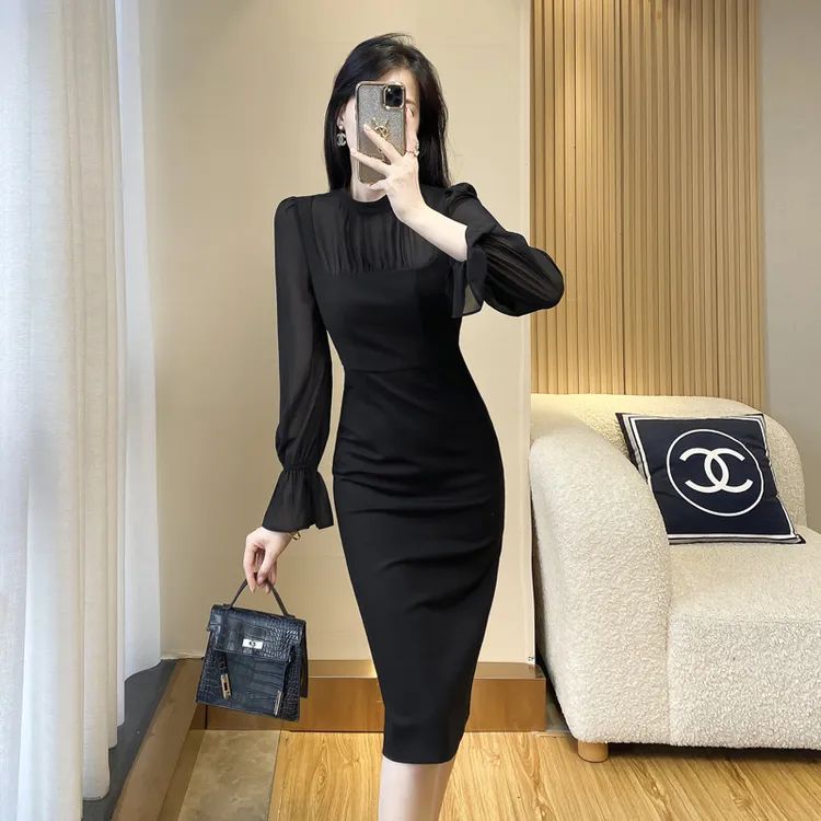 高级感法式长袖黑色连衣裙财阀千金女装秋款名媛包臀气质早秋裙子