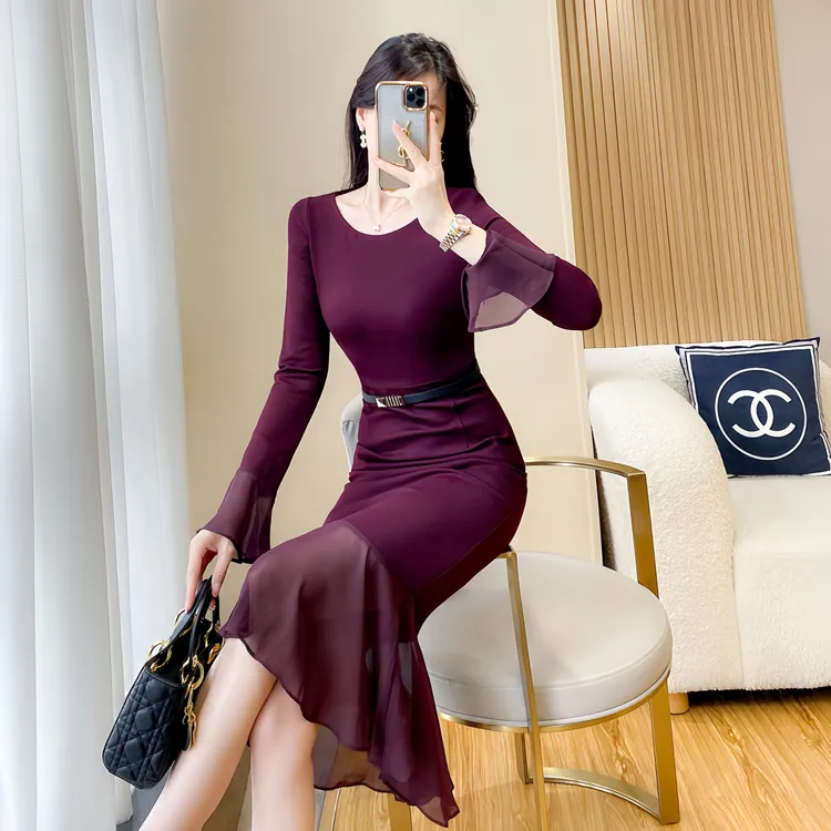 御姐女装高级感洋气上档次裙子秋装紫色包臀裙长袖内搭打底连衣裙
