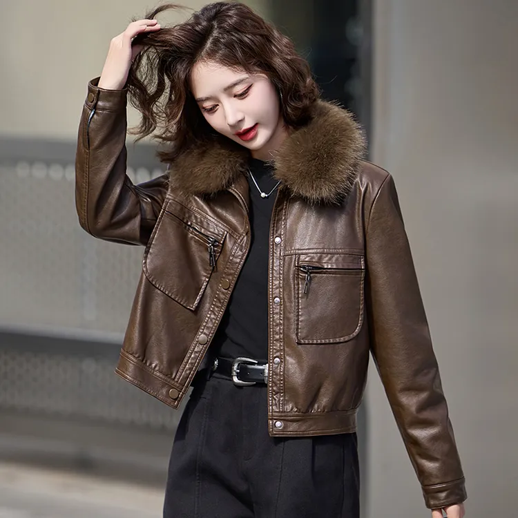 加厚加绒皮衣女款爆款2025新款秋冬季修身显瘦洋气短款真皮皮夹克