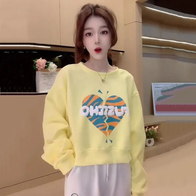  洋气小个子短款卫衣女2025春秋新款宽松圆领印花ins学生套头上衣