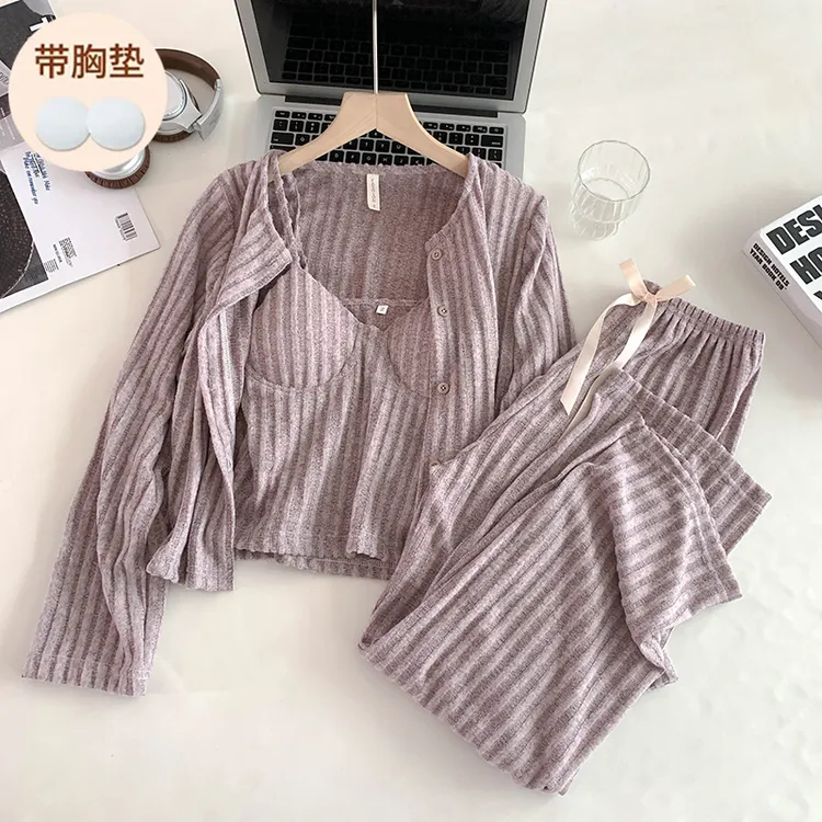 时尚秋冬款甜美带胸垫短款春夏睡衣女长袖春秋性感三件套装家居服