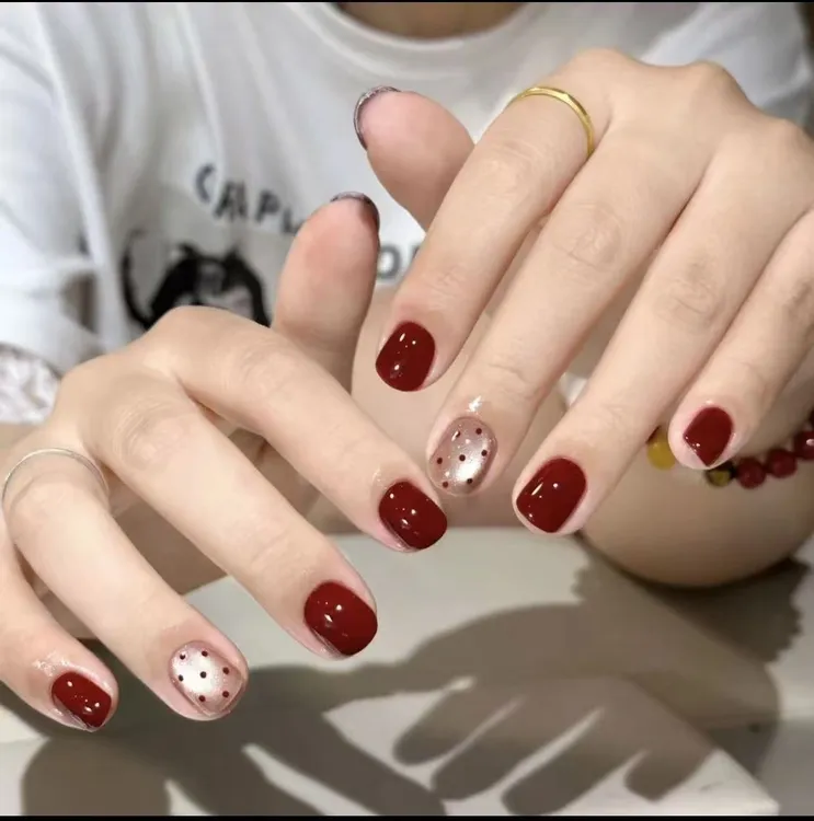 【红运】可爱显白流行红色跳色纯手工穿戴波点猫眼美甲穿戴甲短款