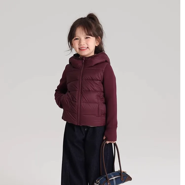 女童棉衣外套2024冬季新款儿童运动棉袄纯色连帽保暖修身轻薄上衣
