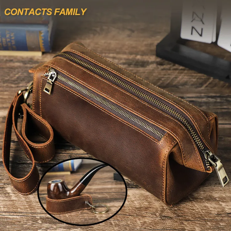 复古疯马牛皮烟斗包便携手腕带拉链真皮烟具收纳包牛皮包