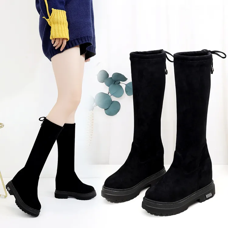 不过膝中筒靴女小个子10CM内增高女靴坡跟厚底骑士靴冬季加绒马靴