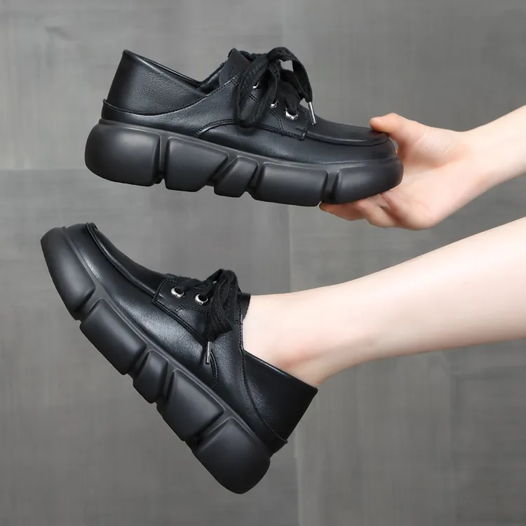 42大码女鞋黑色厚底春秋季百搭圆头单鞋松糕底防滑软底系带34小码