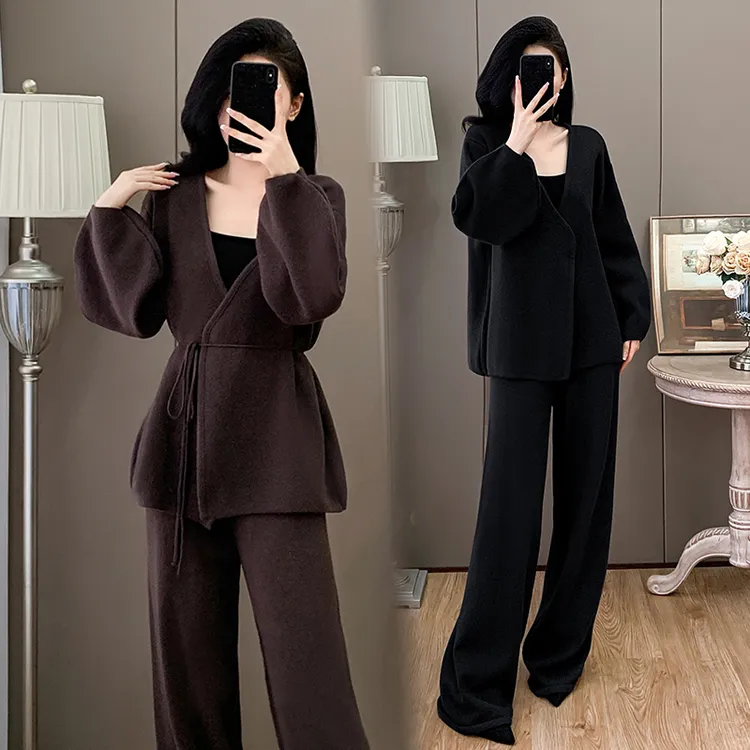 大码女装2025秋冬新款时尚美式复古慵懒风宽松显瘦针织两件套