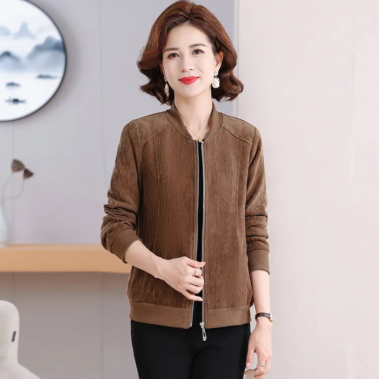 新款雪尼尔外套春秋中老年女外套纯色妈妈夹克棒球宽松休上衣