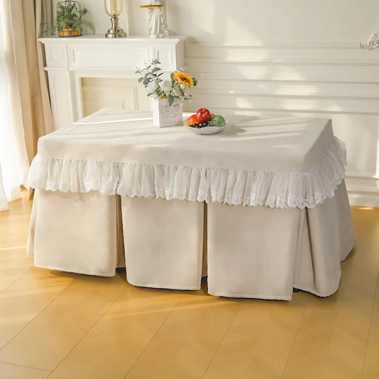 新款米白色纯蕾丝可脱胆烤火罩加绒加厚长方形电烤炉罩套茶几罩套