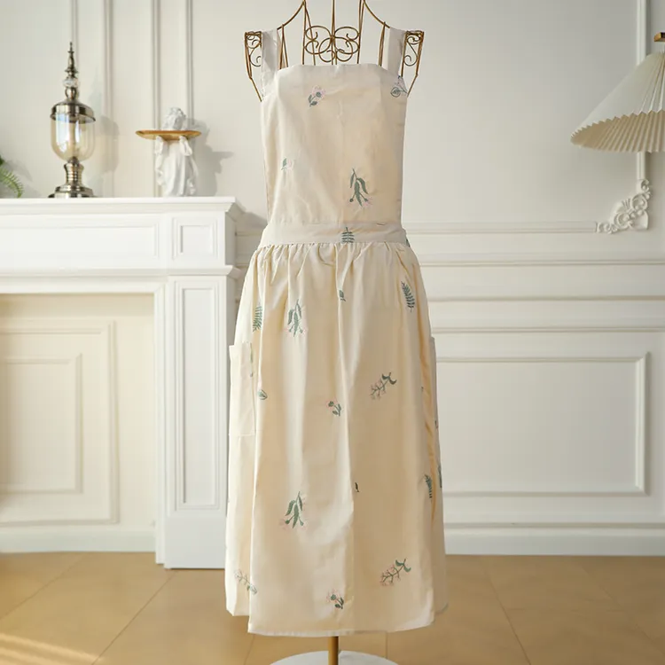 韩国网红姜妍同款米白色印花百褶防水围裙居家花艺透气工作罩衣