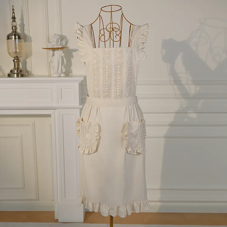 全智贤同款韩版时尚花边围裙棉麻田园厨房家居花店美甲工作罩衣