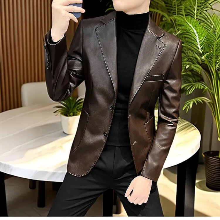 GPTSu痞帅西装秋季新款高级感男装皮衣单西男休闲皮西服男款商务